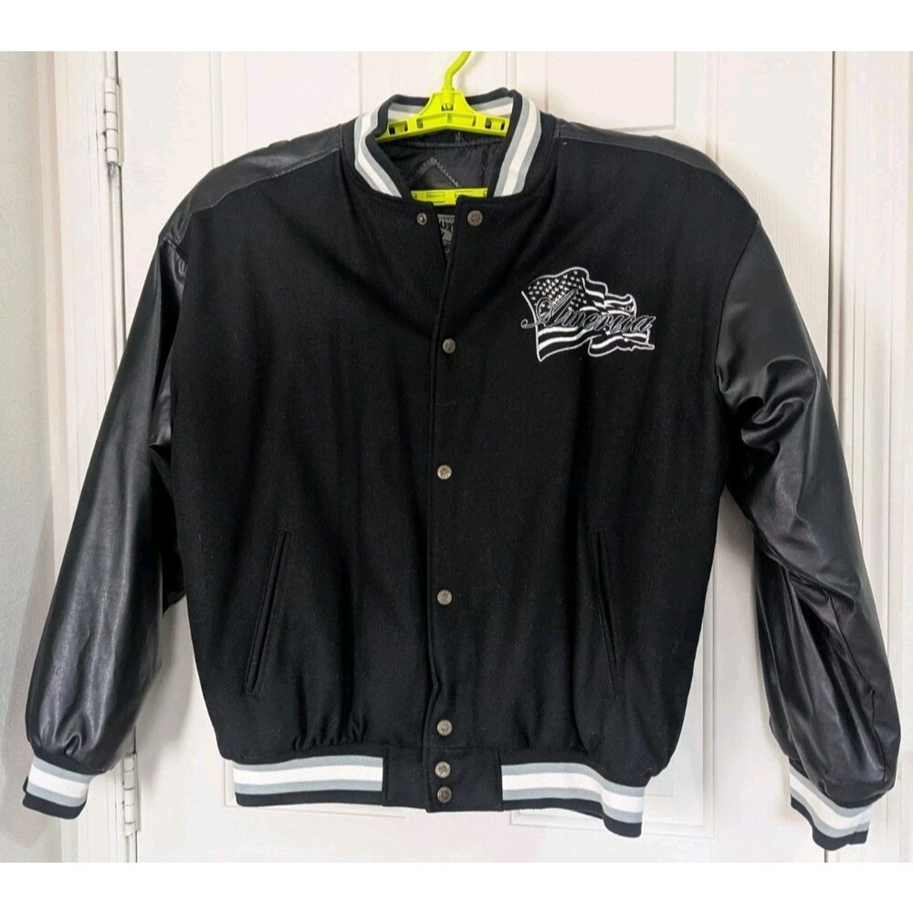 VTG Steve Barrys 'America' Varsity Jacket Adult Large Black Pleather Embroidered